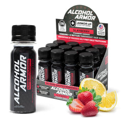Alcohol Armor Recovery Shot bottle front for quick post-party hydration.