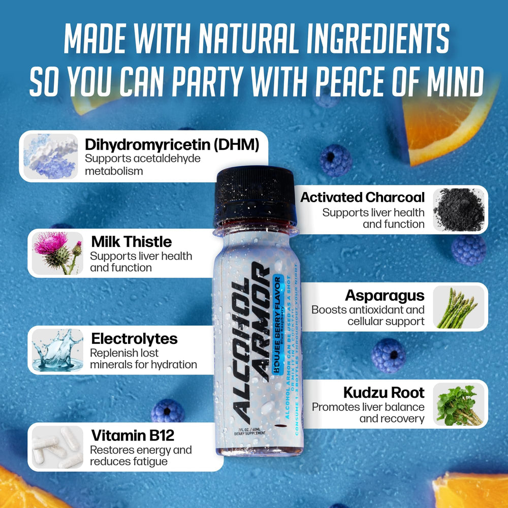 Alcohol Armor bottle and pour demonstrating electrolyte replenishment for fast refreshment.