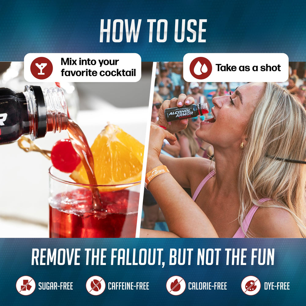 Alcohol Armor Recovery Shot being poured into a glass for easy mixing.