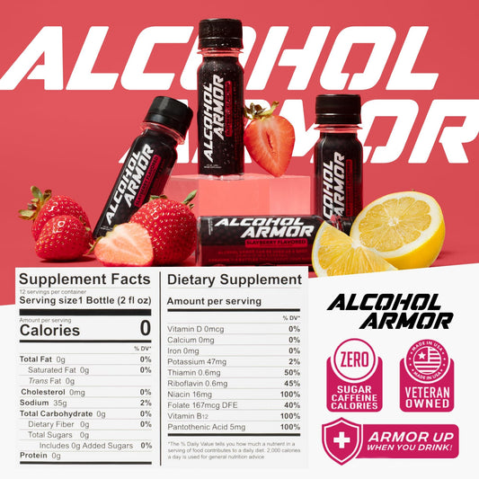 Alcohol Armor Recovery Shot label closeup highlighting natural ingredients.