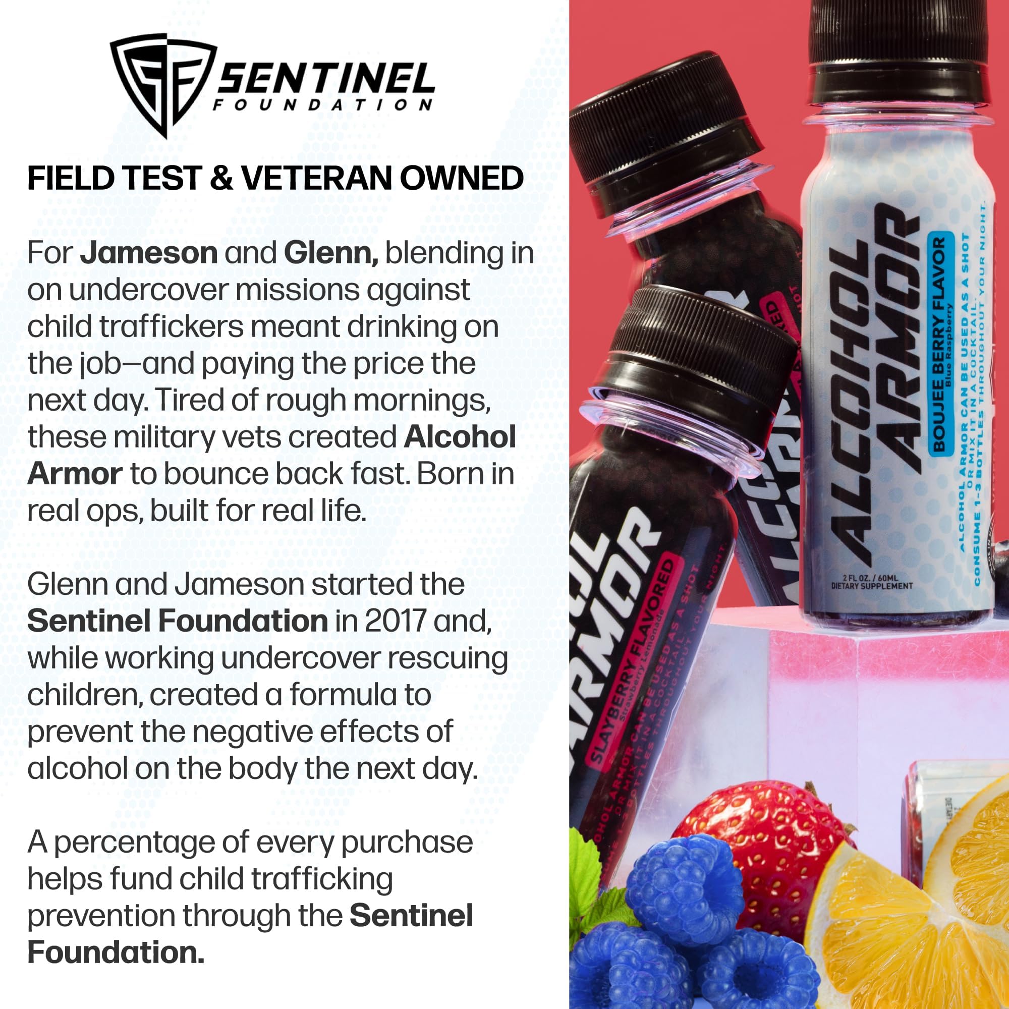 Alcohol Armor Recovery Shot packaging box emphasizes plant-based formula.