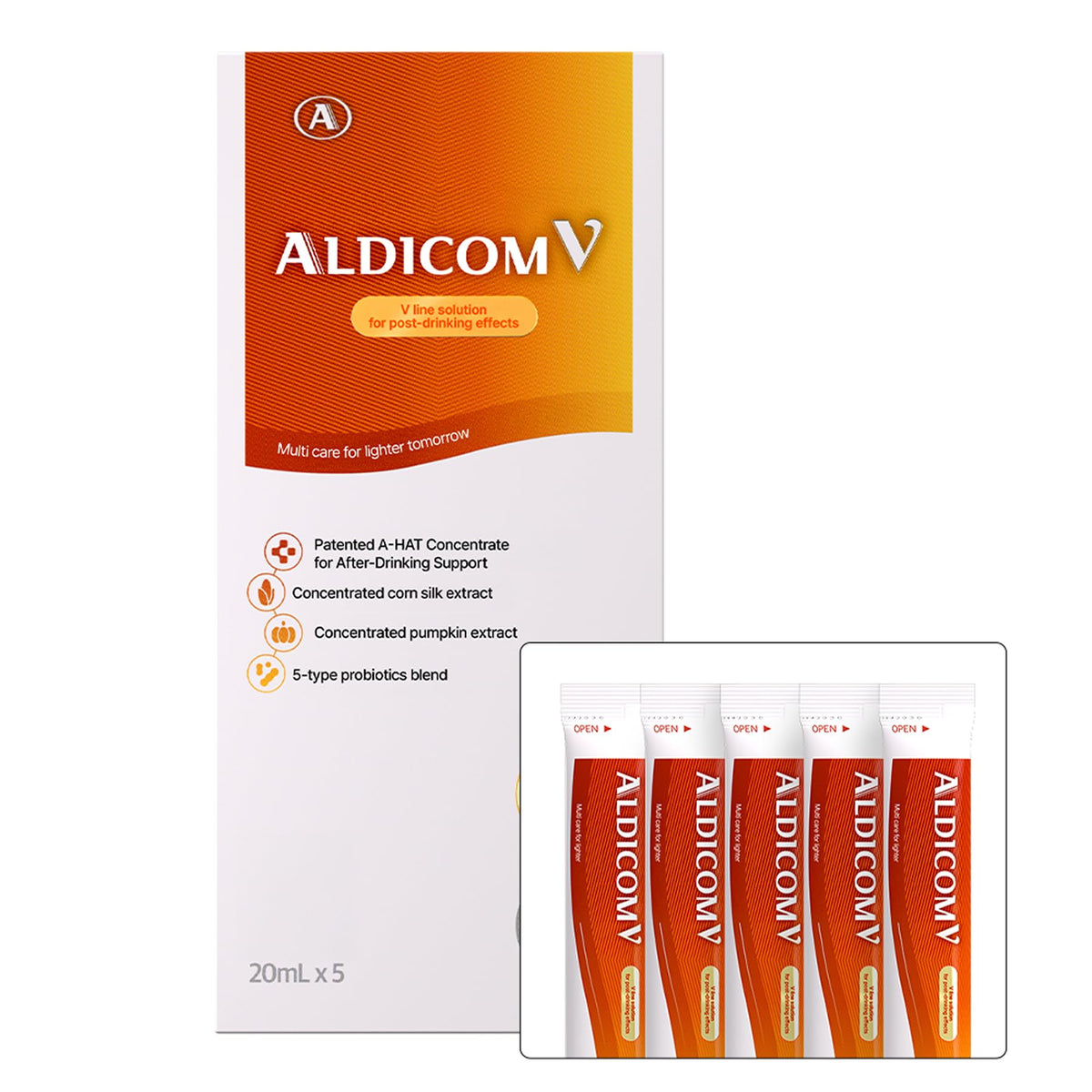 ALDICOM V bottle pour for quick post-drinking relief on the go.
