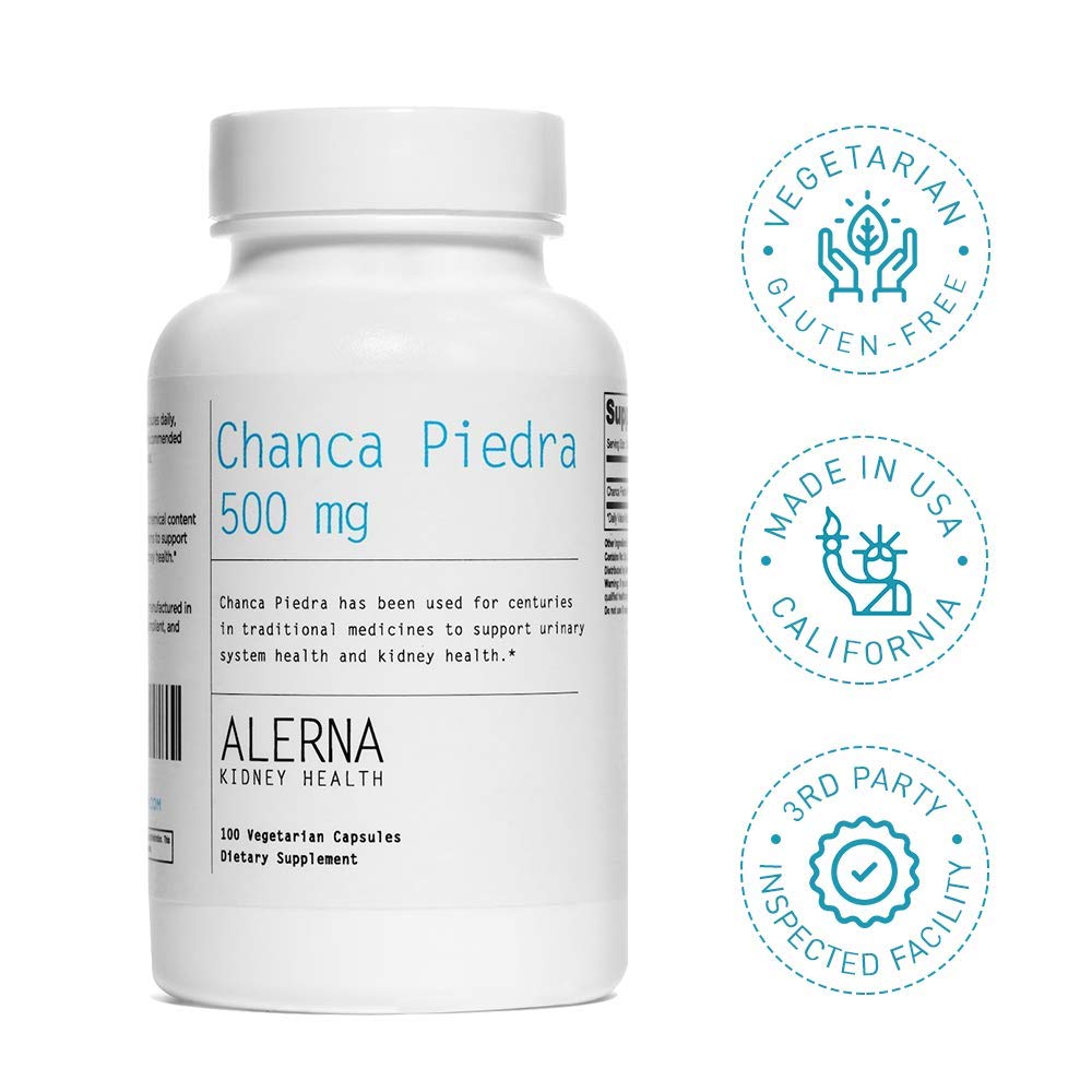Alerna Chanca Piedra bottle beside glass of water for daily use.