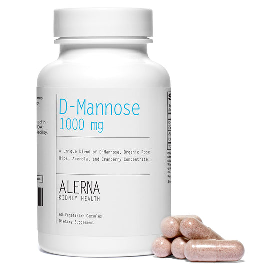 Alerna Kidney Health D-Mannose 1000mg capsules closeup, vegan-friendly daily capsules.