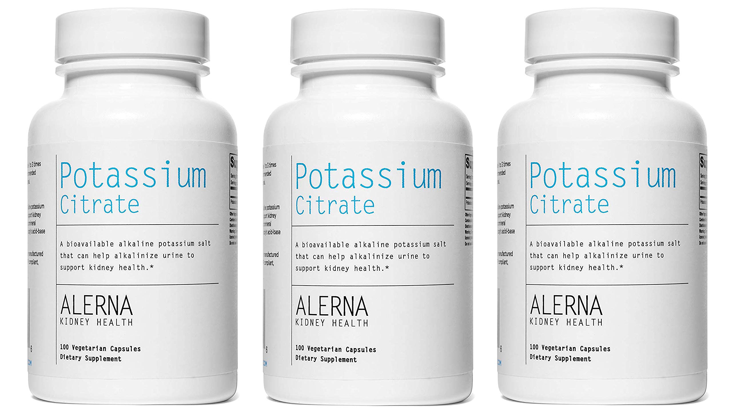 Alerna Kidney Health Potassium Citrate 99 mg bottle front promotes electrolyte balance for daily wellness.