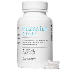 Alerna Potassium Citrate capsules closeup highlights easy-to-swallow vegetarian capsules for kidney health.