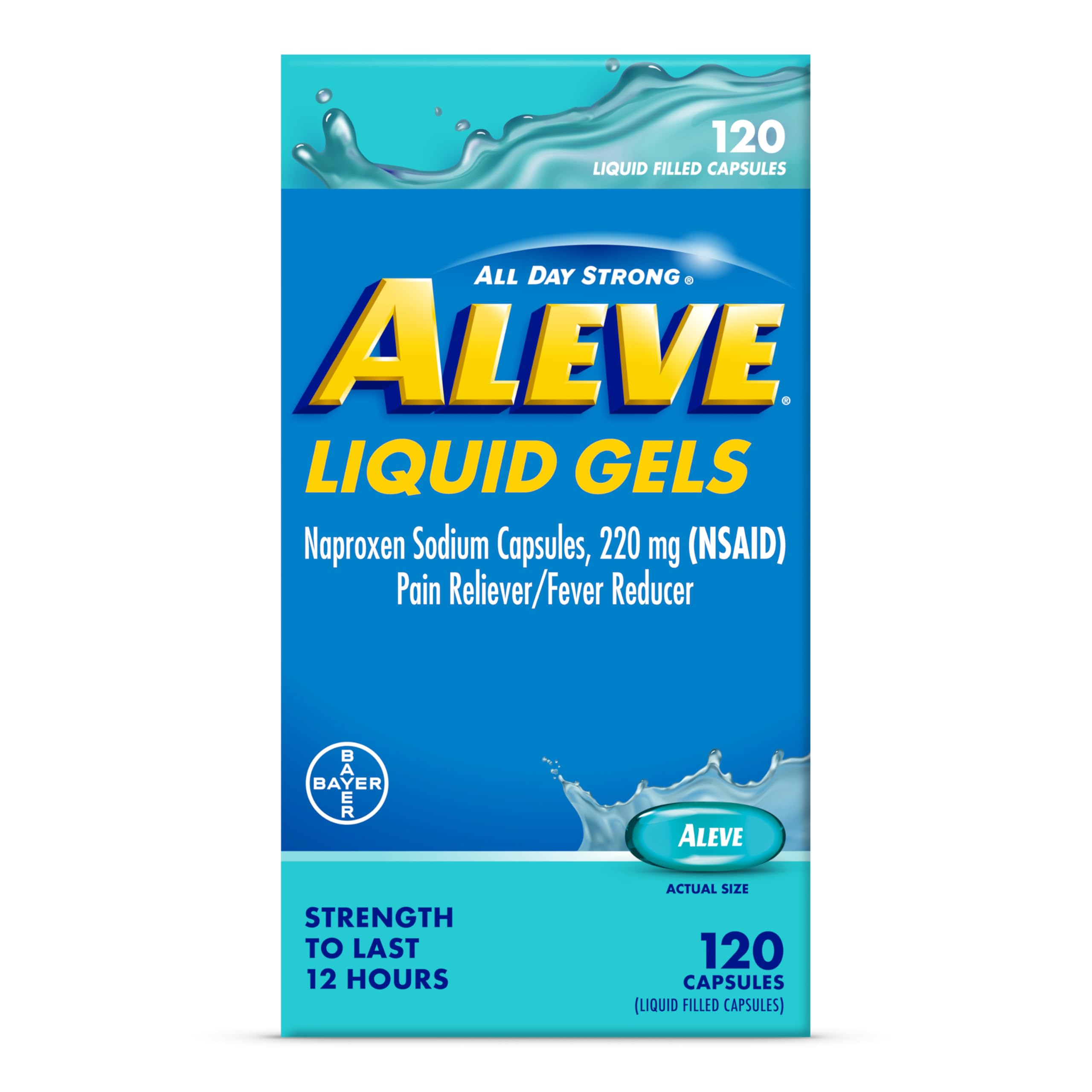 Aleve Liquid Gels bottle pour showing quick relief and long-lasting comfort.