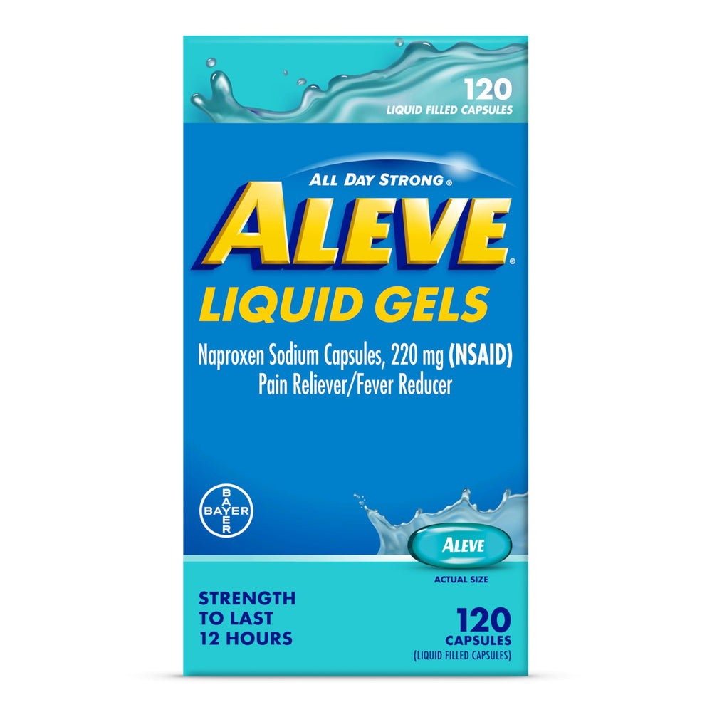 Aleve Liquid Gels bottle pour showing quick relief and long-lasting comfort.