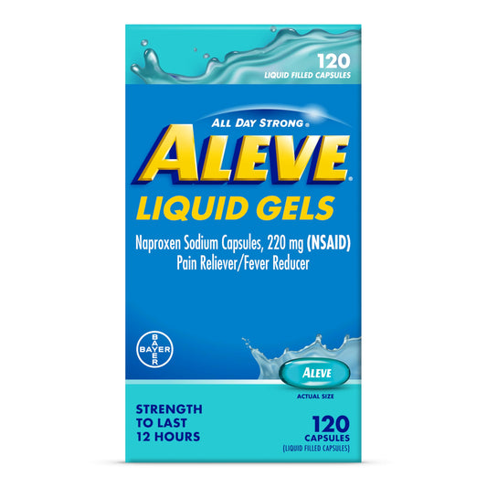 Aleve Liquid Gels bottle pour showing quick relief and long-lasting comfort.