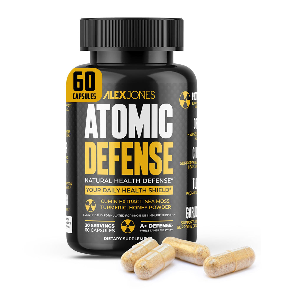 Alex Jones Naturals Atomic Defense bottle cap close-up for daily immune support.