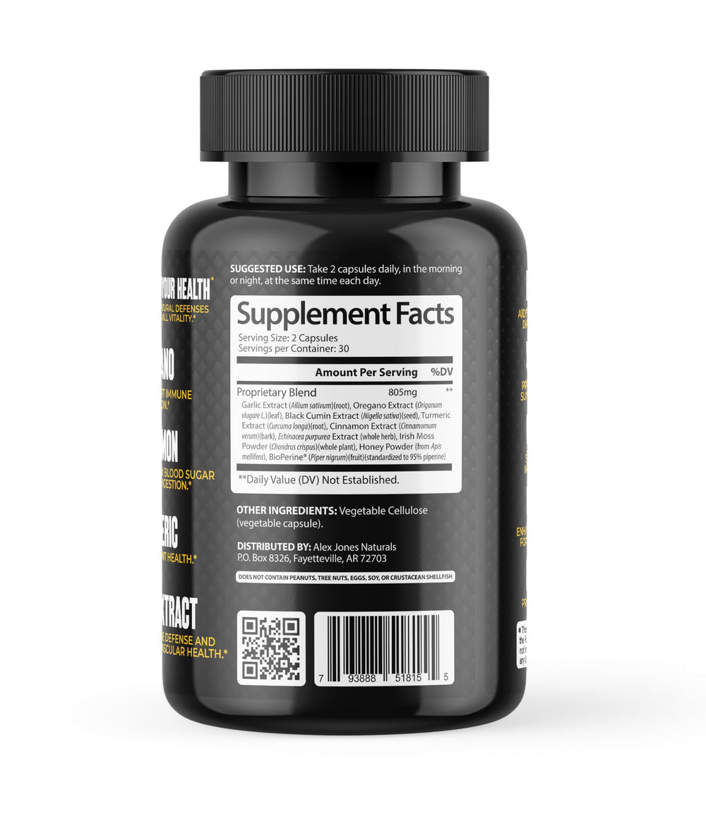 Alex Jones Naturals Atomic Defense ginger element hints at warming blends.