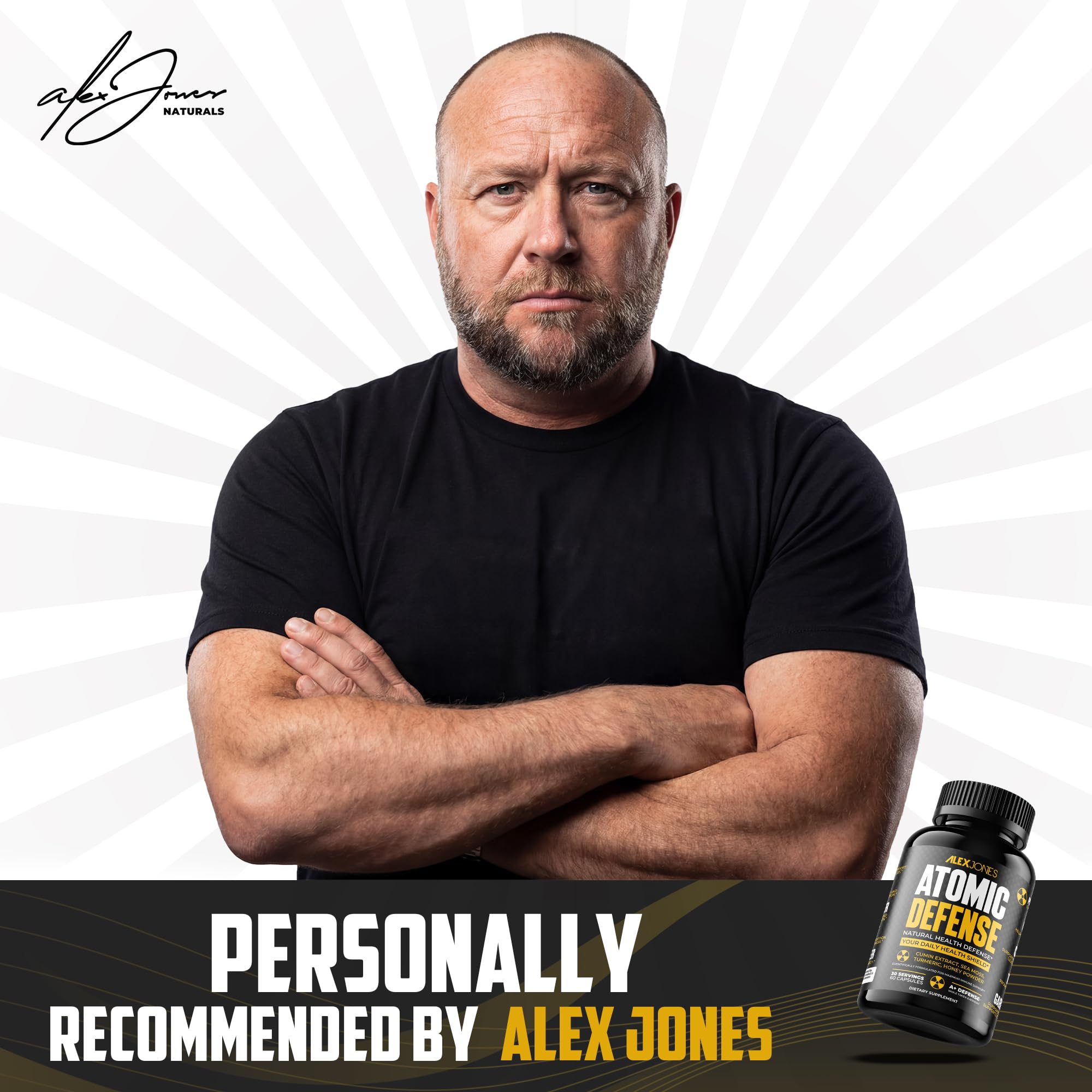 Alex Jones Naturals Atomic Defense capsules on a table for a simple daily wellness routine.