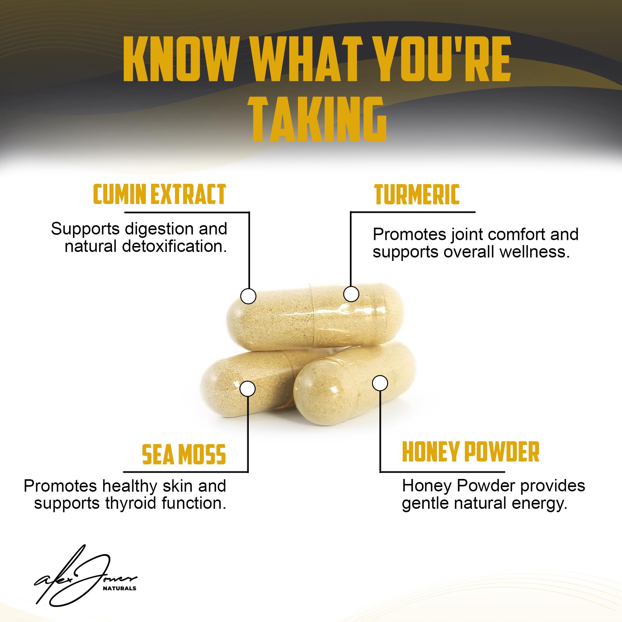 Alex Jones Naturals Atomic Defense sea moss capsules highlight natural ingredients for vitality.
