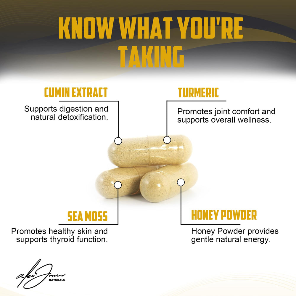 Alex Jones Naturals Atomic Defense sea moss capsules highlight natural ingredients for vitality.