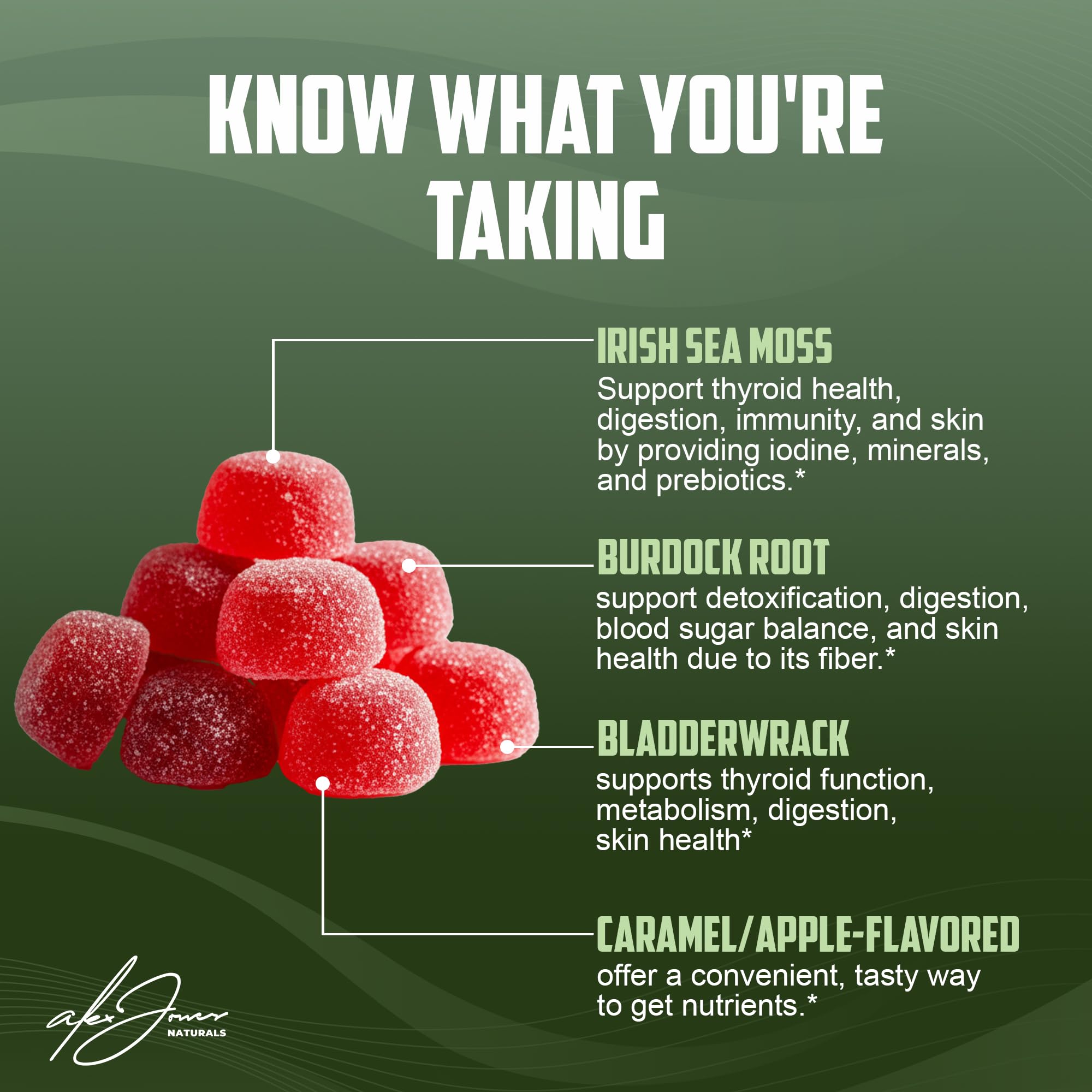 Alex Jones Naturals Bladderwrack Burdock Root gummies closeup emphasizes plant-based mineral blend