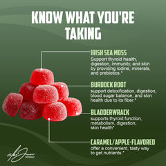 Alex Jones Naturals Bladderwrack Burdock Root gummies closeup emphasizes plant-based mineral blend