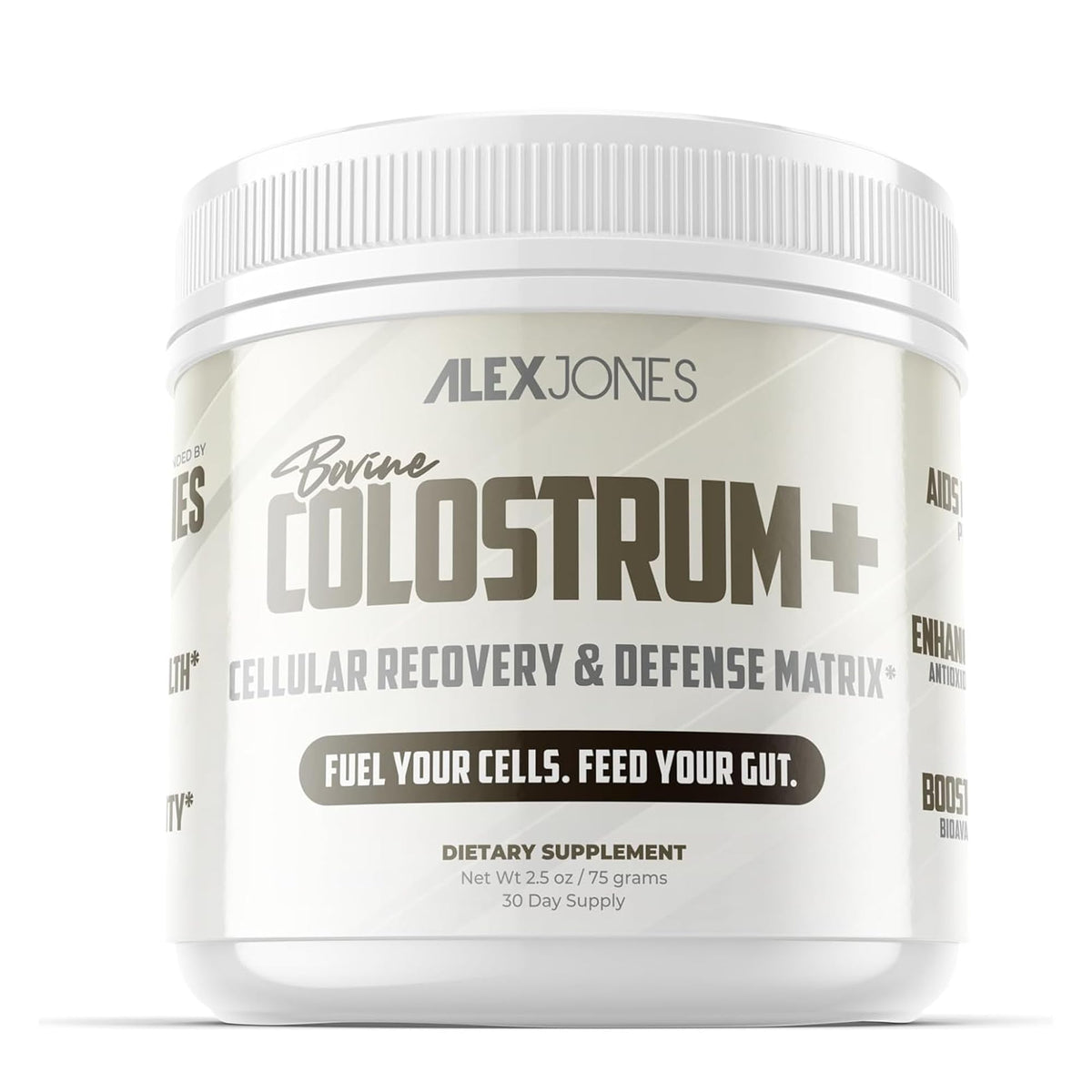 Alex Jones Naturals bovine colostrum powder bottle for daily gut and immune support.
