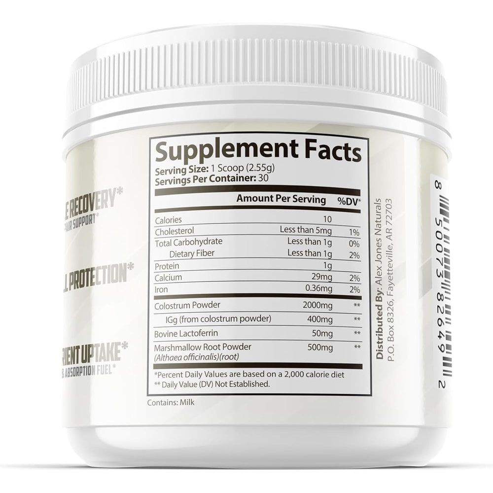 Alex Jones Naturals digestive comfort with marshmallow root visual suggests mild soothing benefits.
