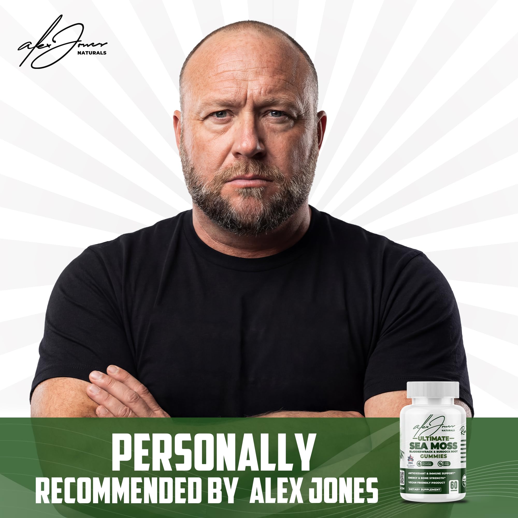 Alex Jones Naturals Irish Sea Moss Gummies pack shot highlights simple daily use on the go