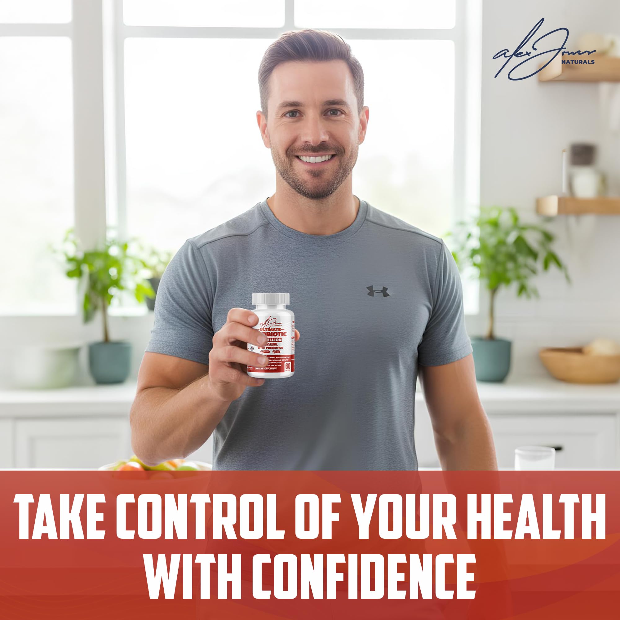 Alex Jones Naturals Lactobacillus acidophilus strain illustration supports balancing microflora.