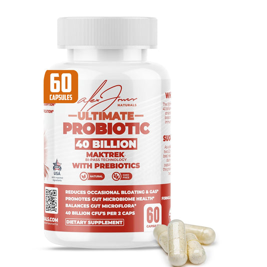 Alex Jones Naturals probiotic 40B CFU bottle supports daily gut balance and comfort.