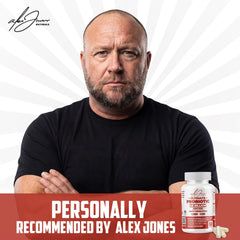 Alex Jones Naturals probiotic capsules closeup, showing vegan non-GMO capsules for digestion.