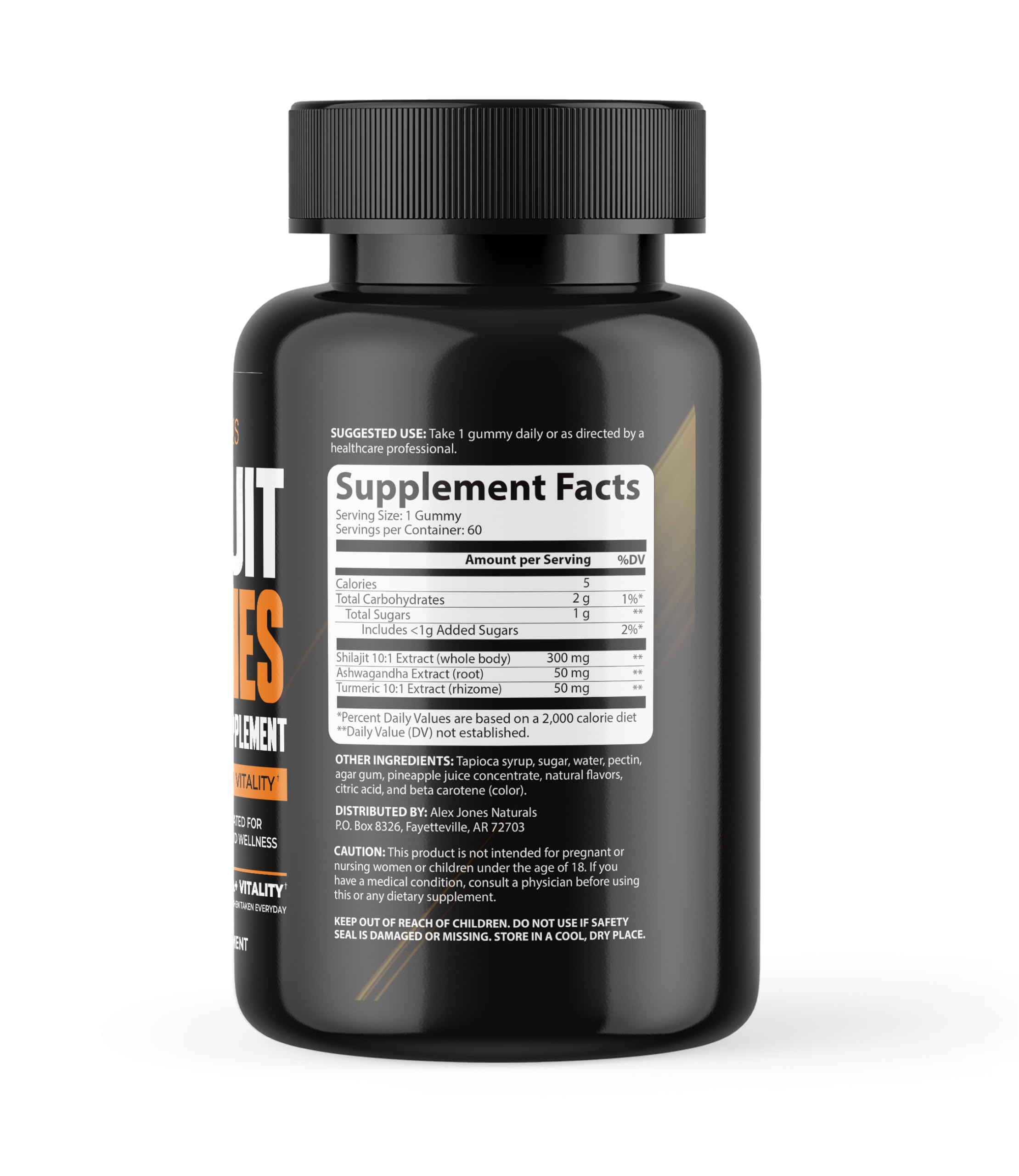 Alex Jones Naturals Shilajit Gummies supplement bottle on countertop