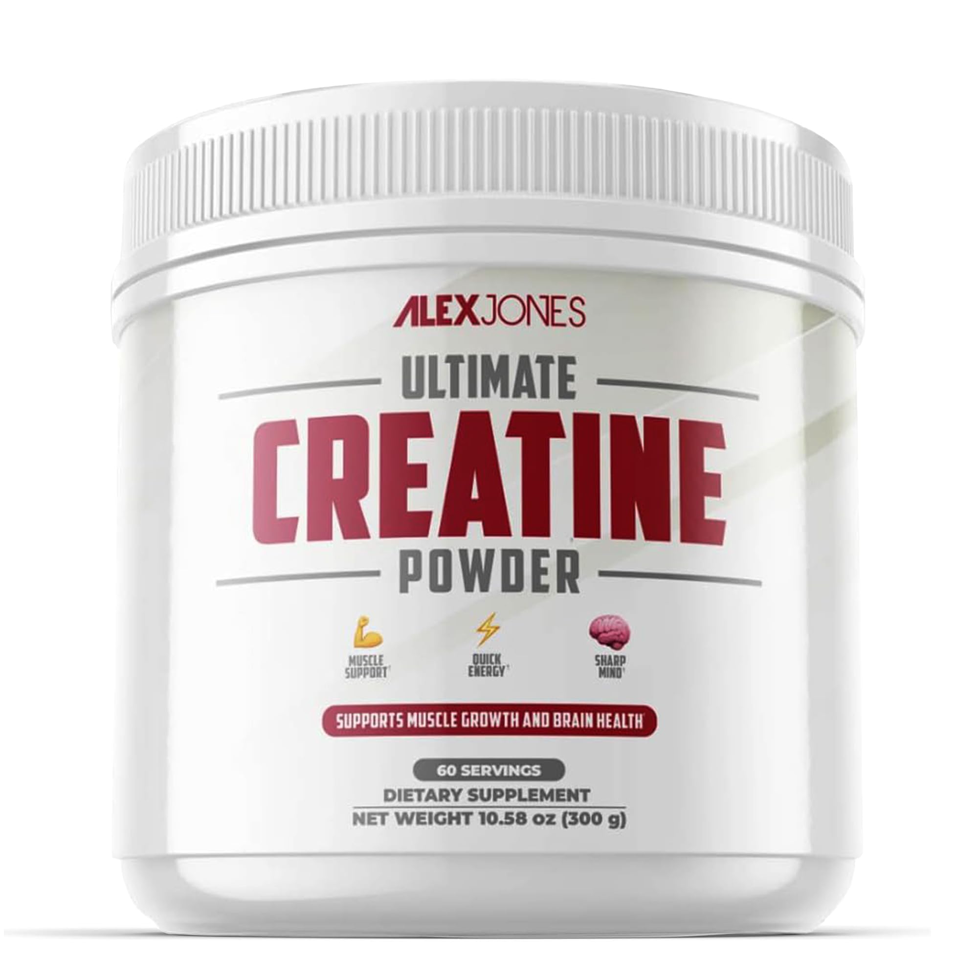 Alex Jones Naturals Ultimate Creatine Powder with a 5g scoop for daily training support.