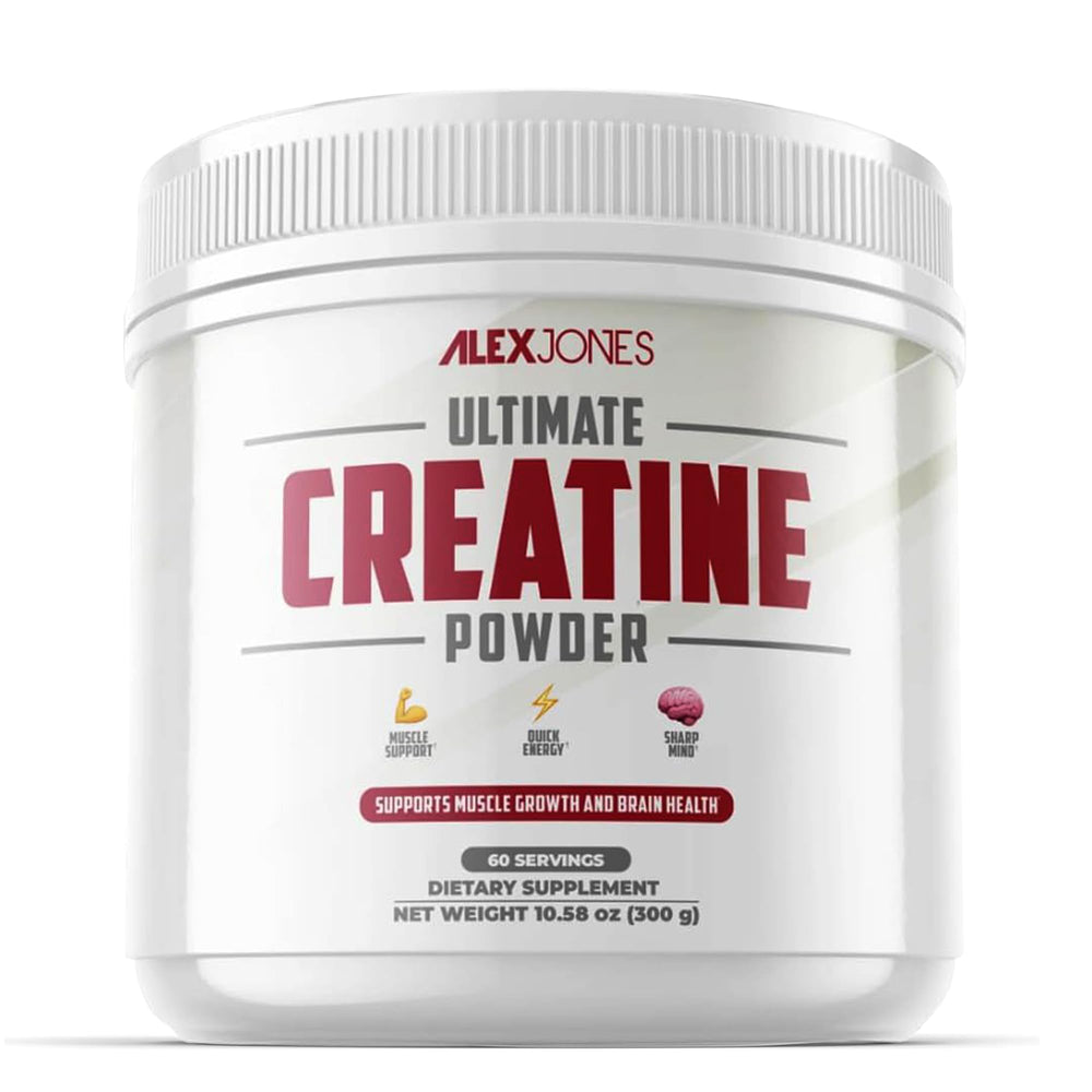 Alex Jones Naturals Ultimate Creatine Powder with a 5g scoop for daily training support.