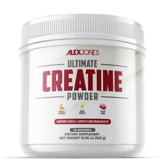 Alex Jones Naturals Ultimate Creatine Powder with a 5g scoop for daily training support.