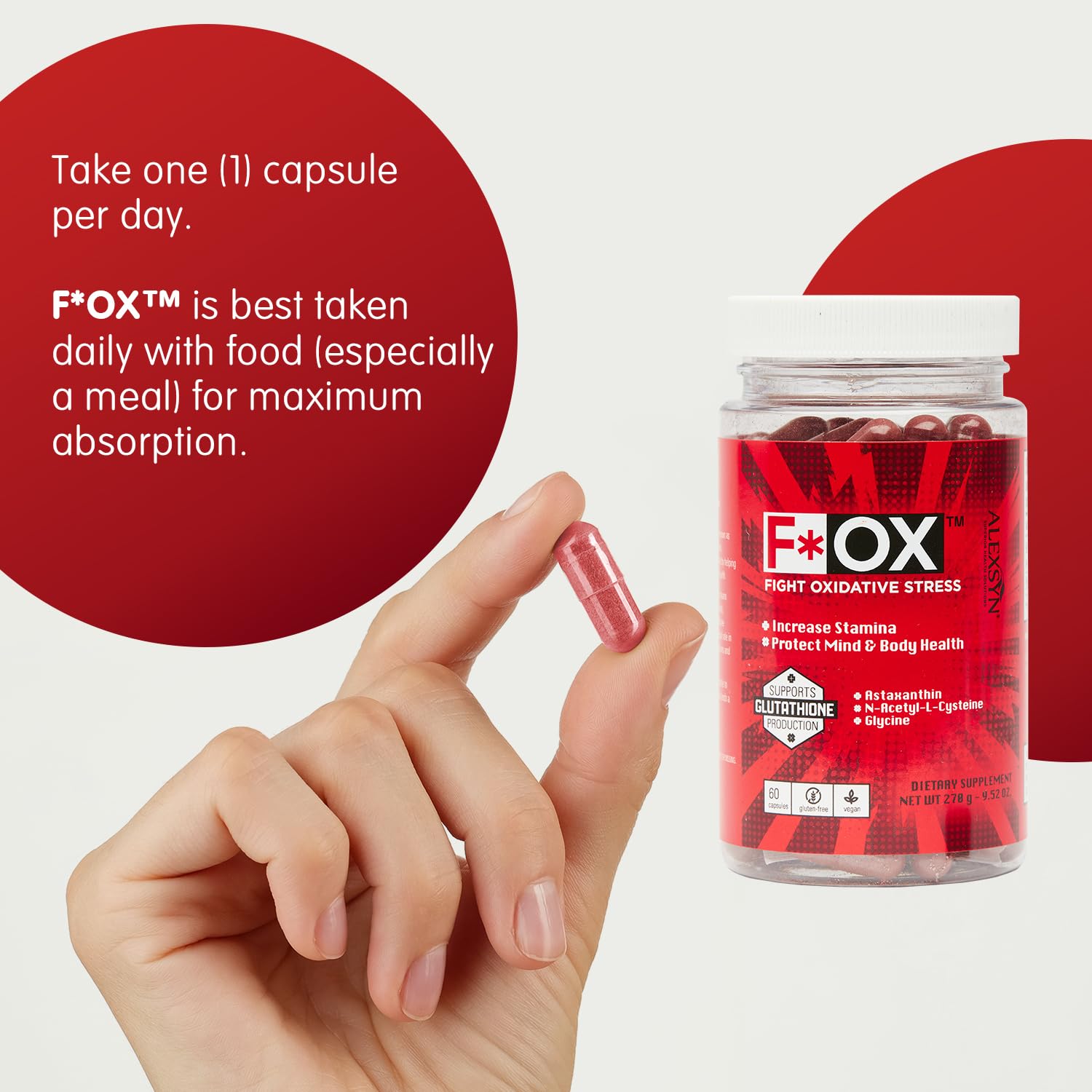 Alexsyn Antioxidant Support glass bottle captured for routine wellness and easy dosing.