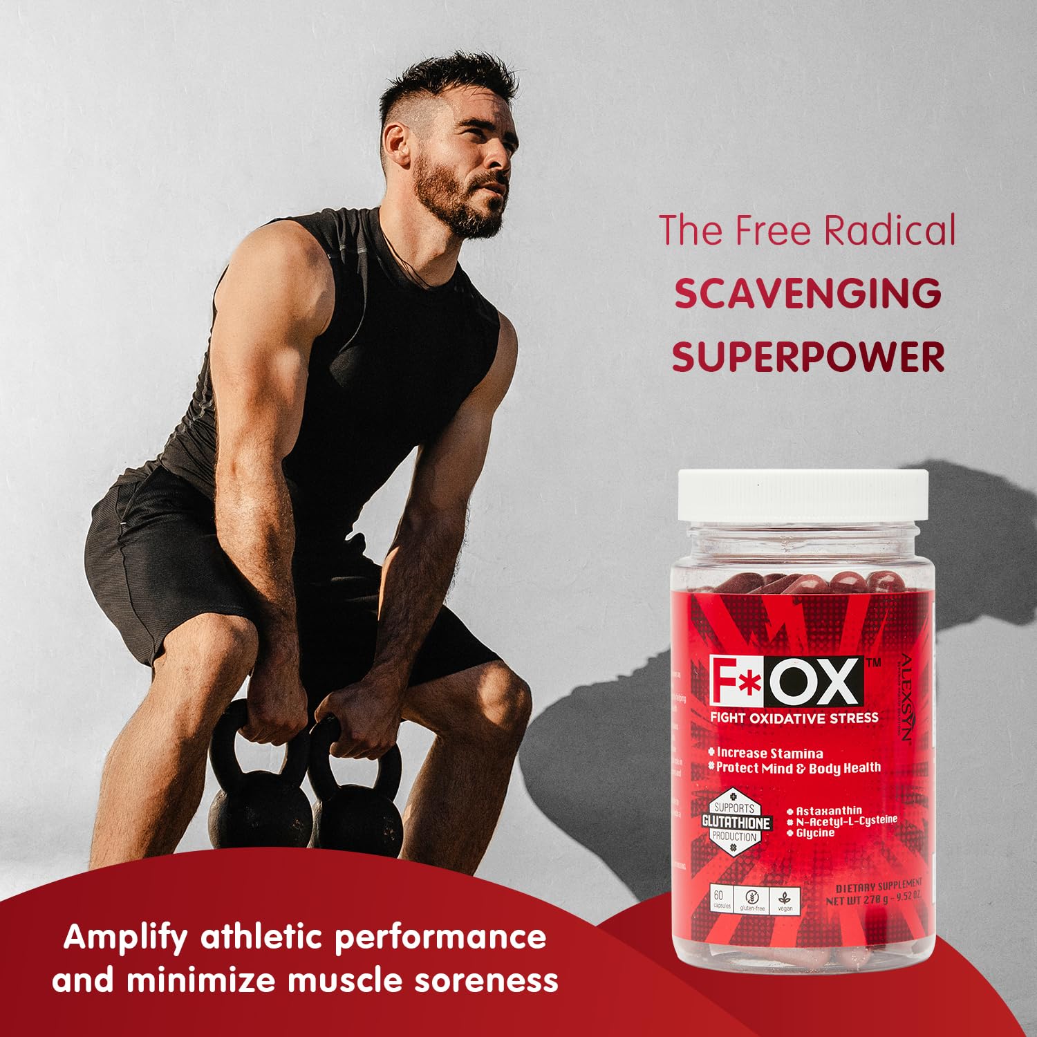 Alexsyn Antioxidant Support label on bottle indicating gluten-free vegan formula.