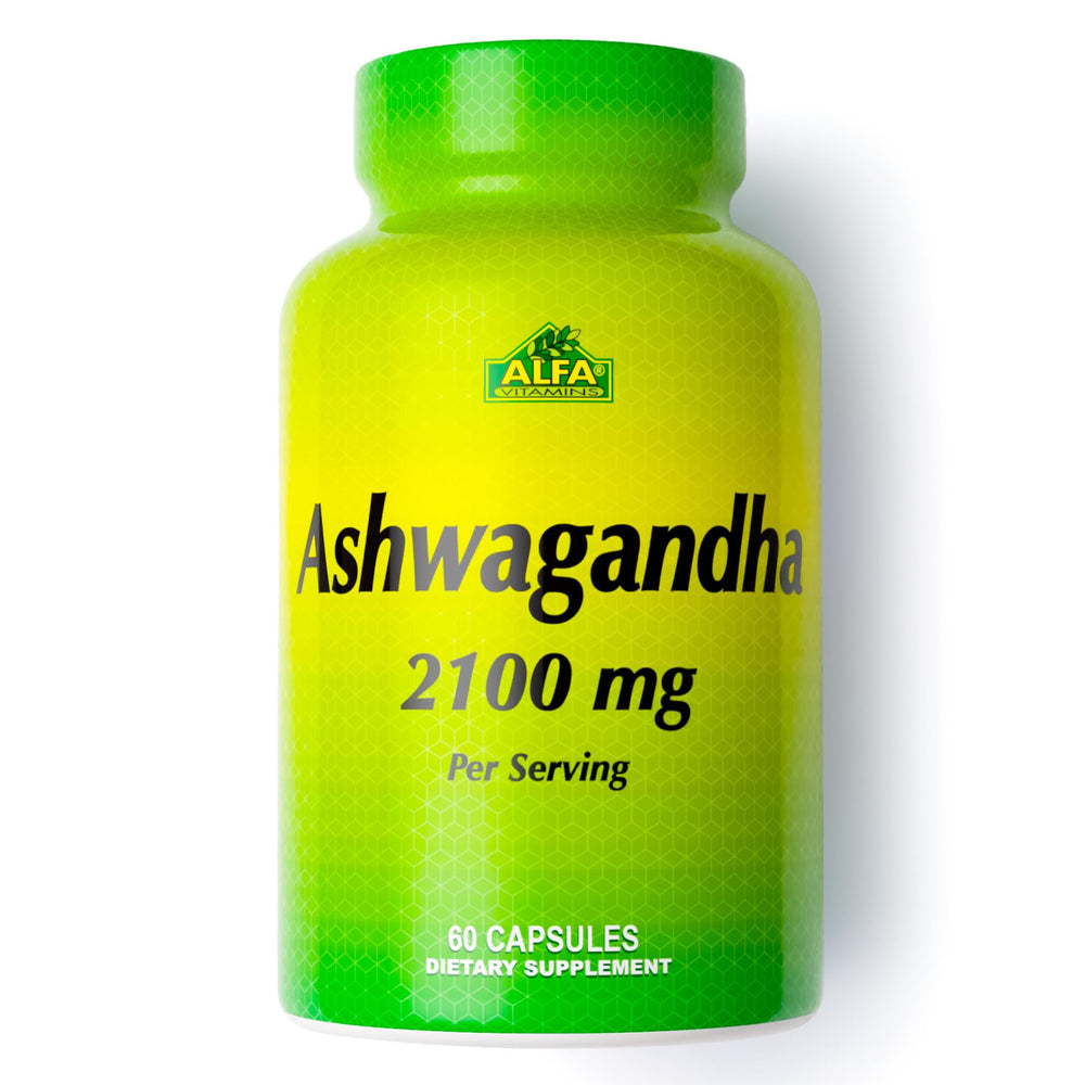ALFA VITAMINS Ashwagandha bottle highlights 2,100 mg formula for daily balance.