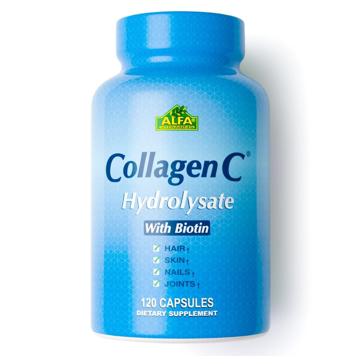 ALFA VITAMINS Premium Collagen Hydrolysate bottle supports skin elasticity.