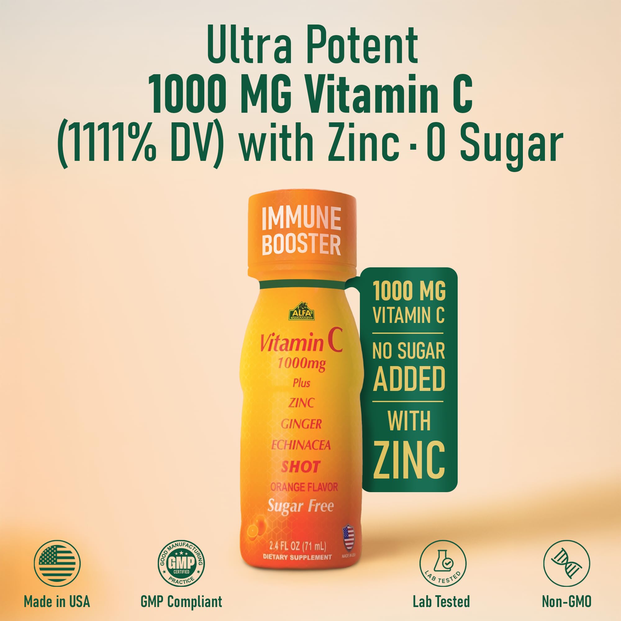 ALFA VITAMINS Vitamin C Shot poured into a glass showing convenient daily serving