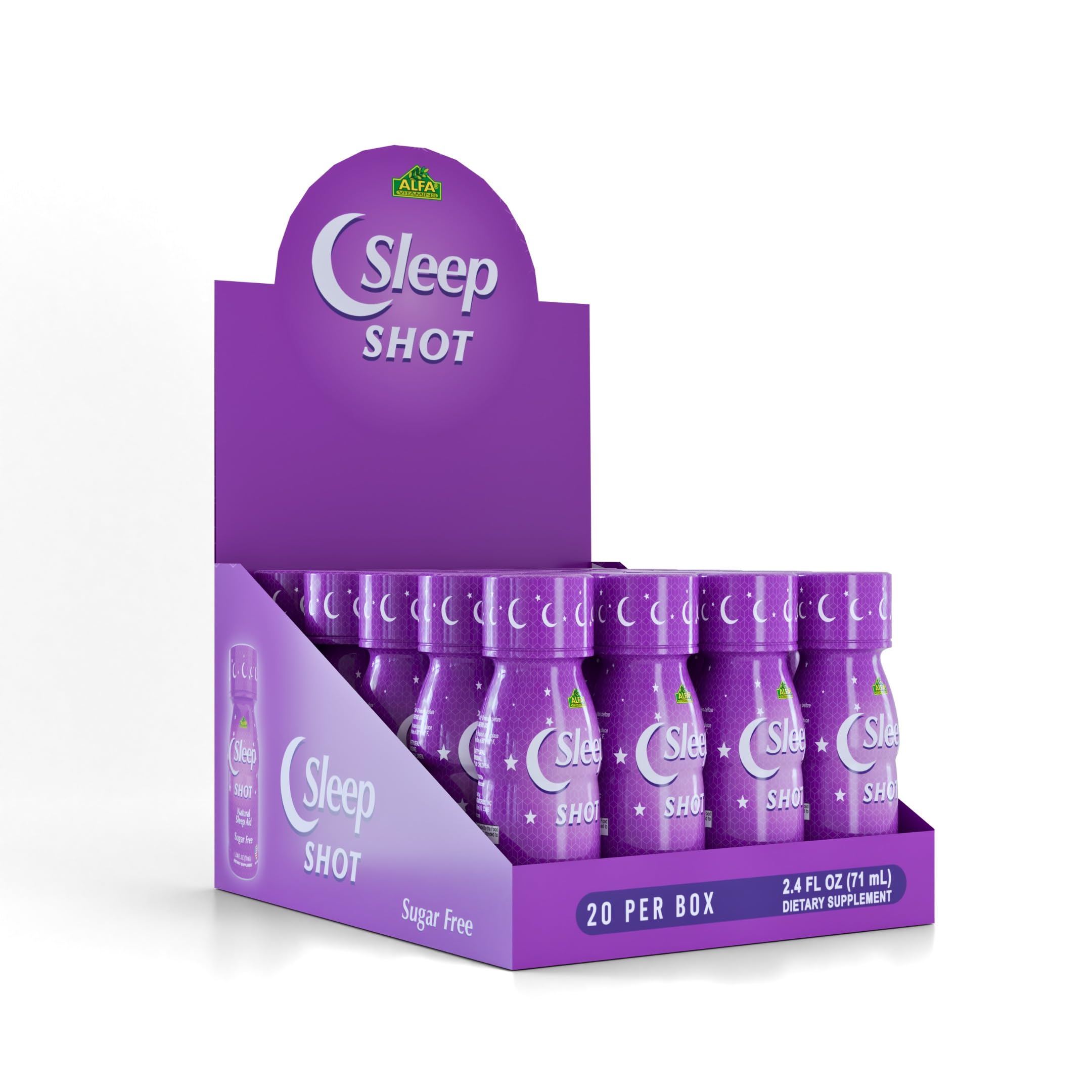 ALFA VITAMINS Sleep Shot bottle close-up highlighting a ready-to-drink sleep formula.