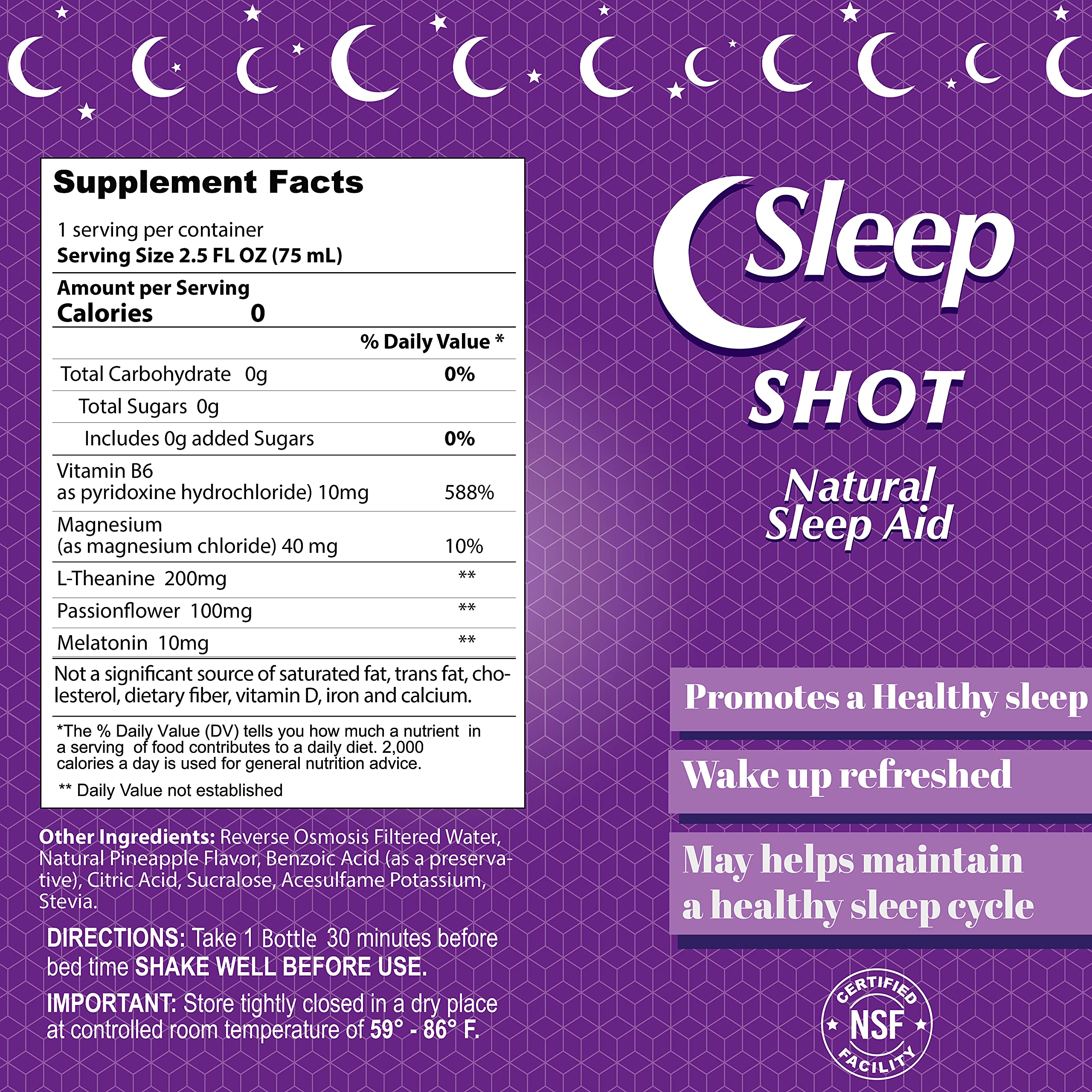 ALFA VITAMINS Sleep Shot label detail displaying ingredients and dosage.