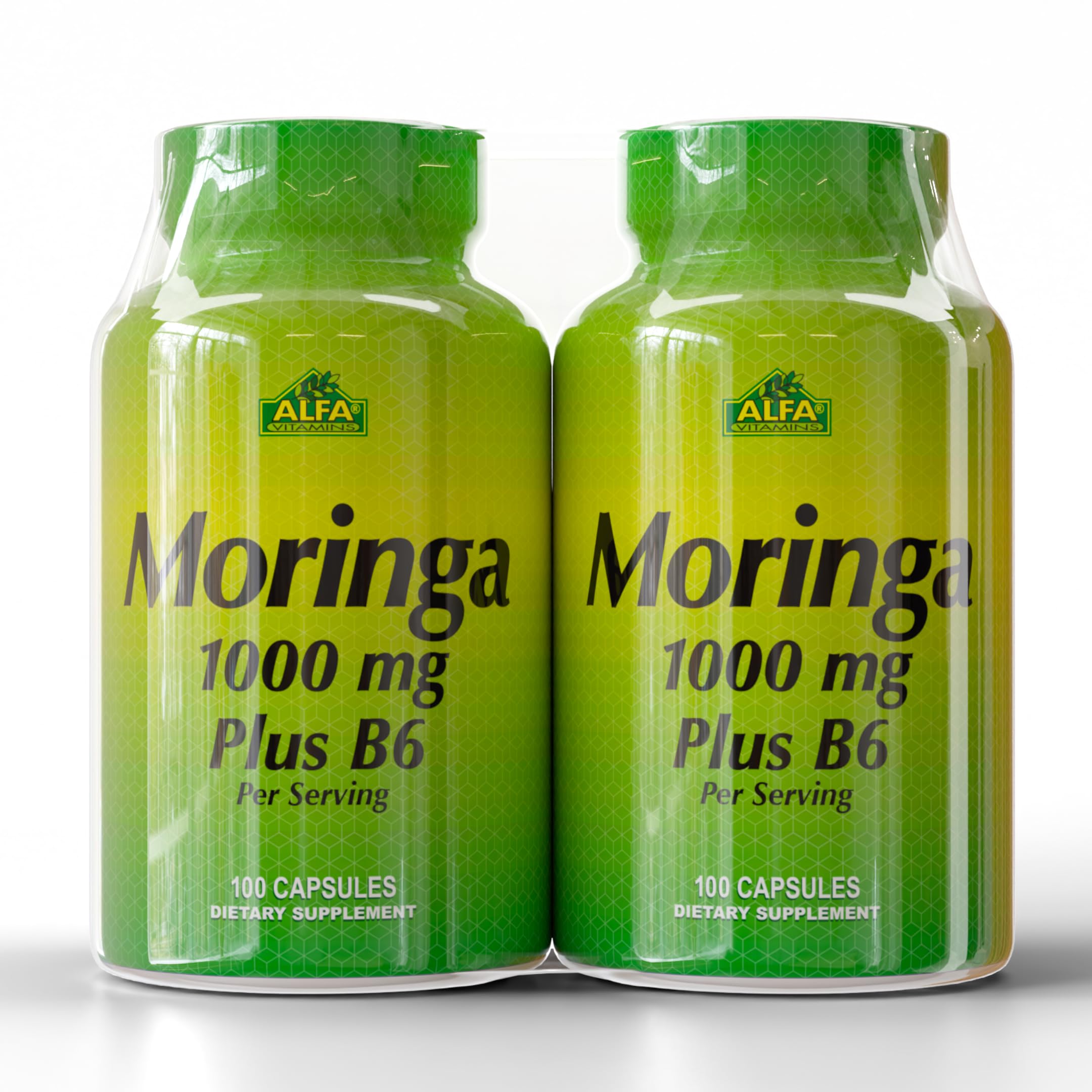 ALFA VITAMINS Moringa B6 bottle with capsules for daily energy and nourishment.
