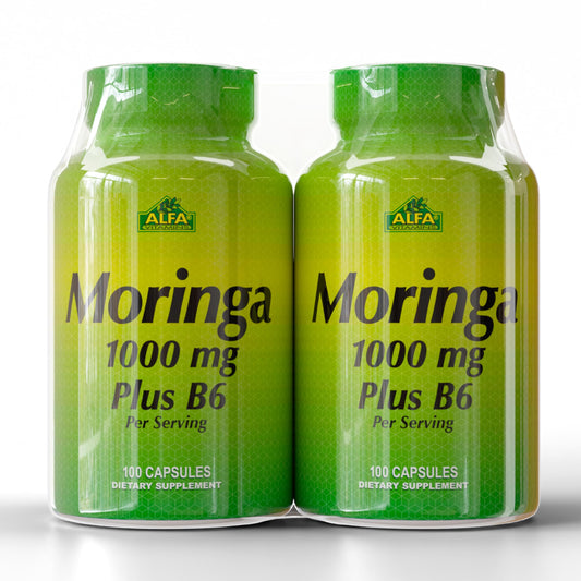 ALFA VITAMINS Moringa B6 bottle with capsules for daily energy and nourishment.