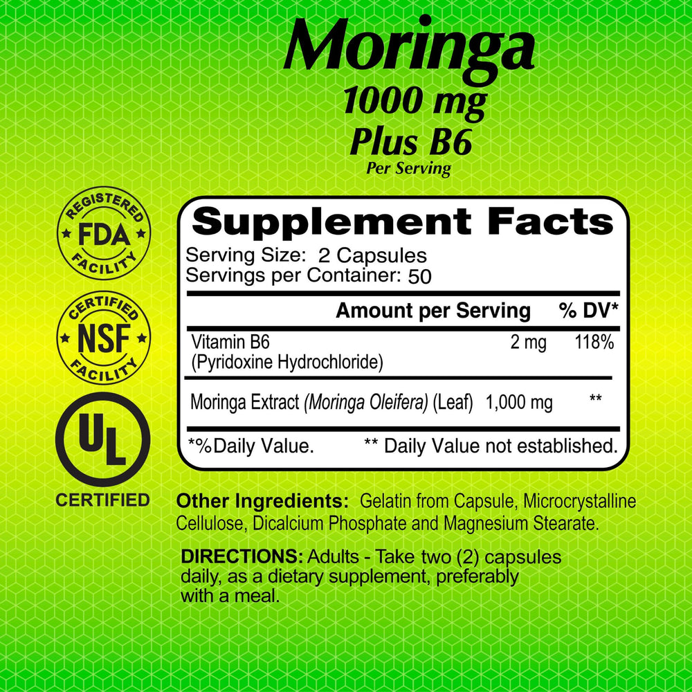 ALFA VITAMINS Moringa B6 capsule close-up highlighting nutrient-dense formula.