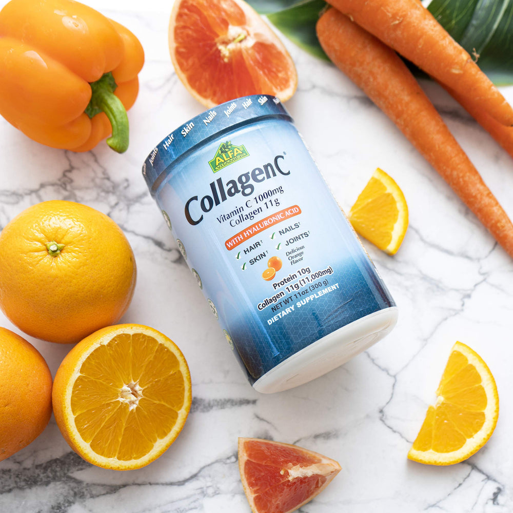 ALFA VITAMINS orange-flavored CollagenC dissolves easily in liquid for daily use.