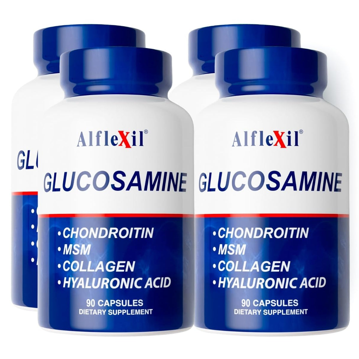 ALFLEXIL bottle front label showcasing the 4-in-1 joint support formula for everyday mobility