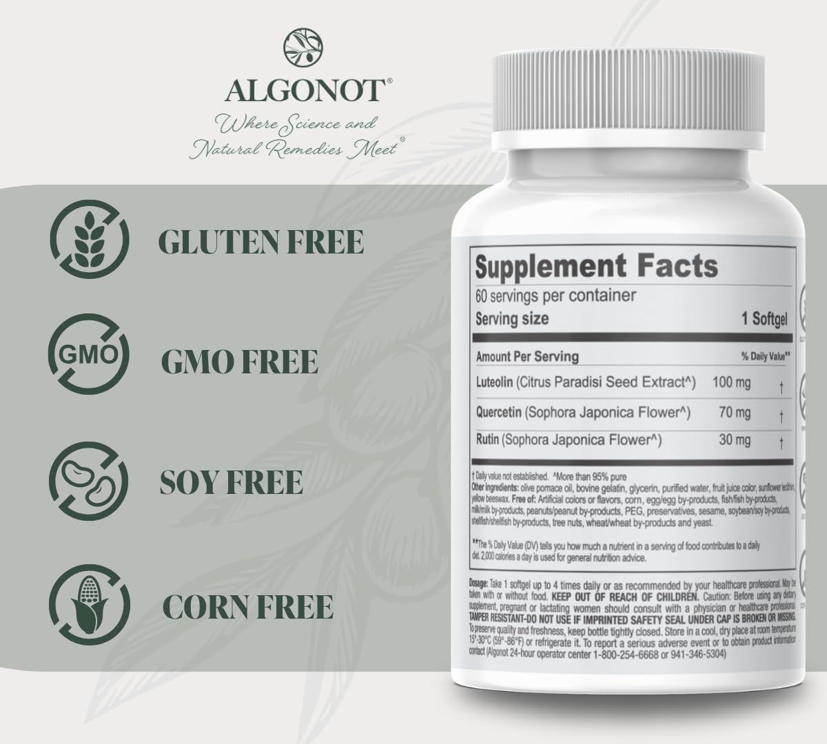 Front label shows luteolin, quercetin, and rutin in a single capsule.