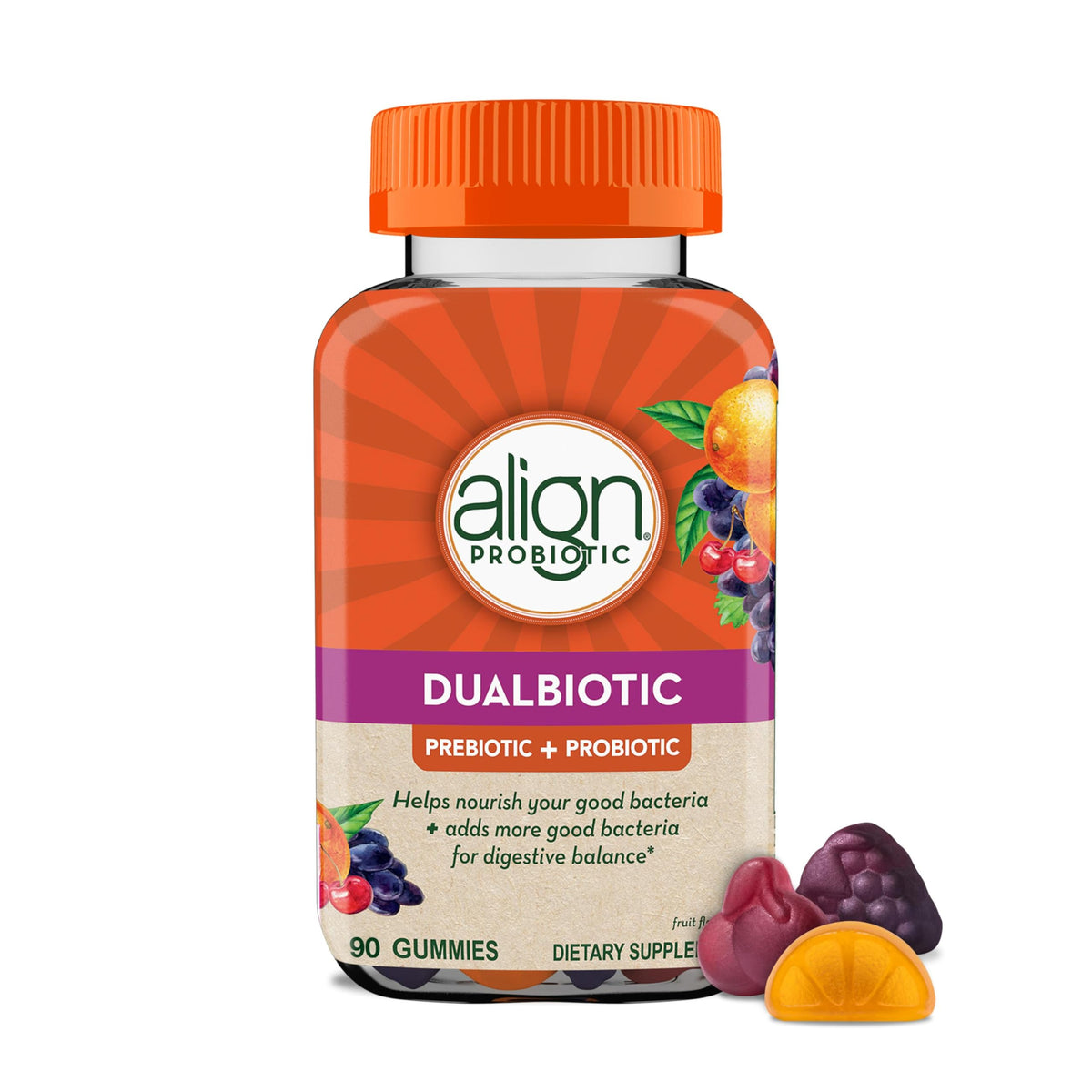 Align DualBiotic gummies in fruit flavors for easy daily gut support.