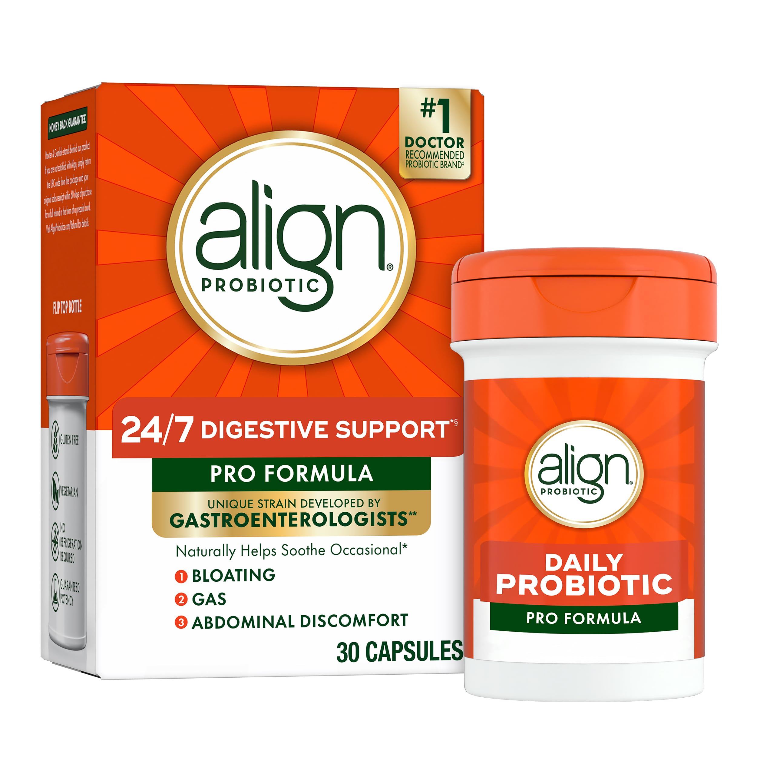 Align Pro Formula bottle with easy-to-swallow capsules for digestive balance.