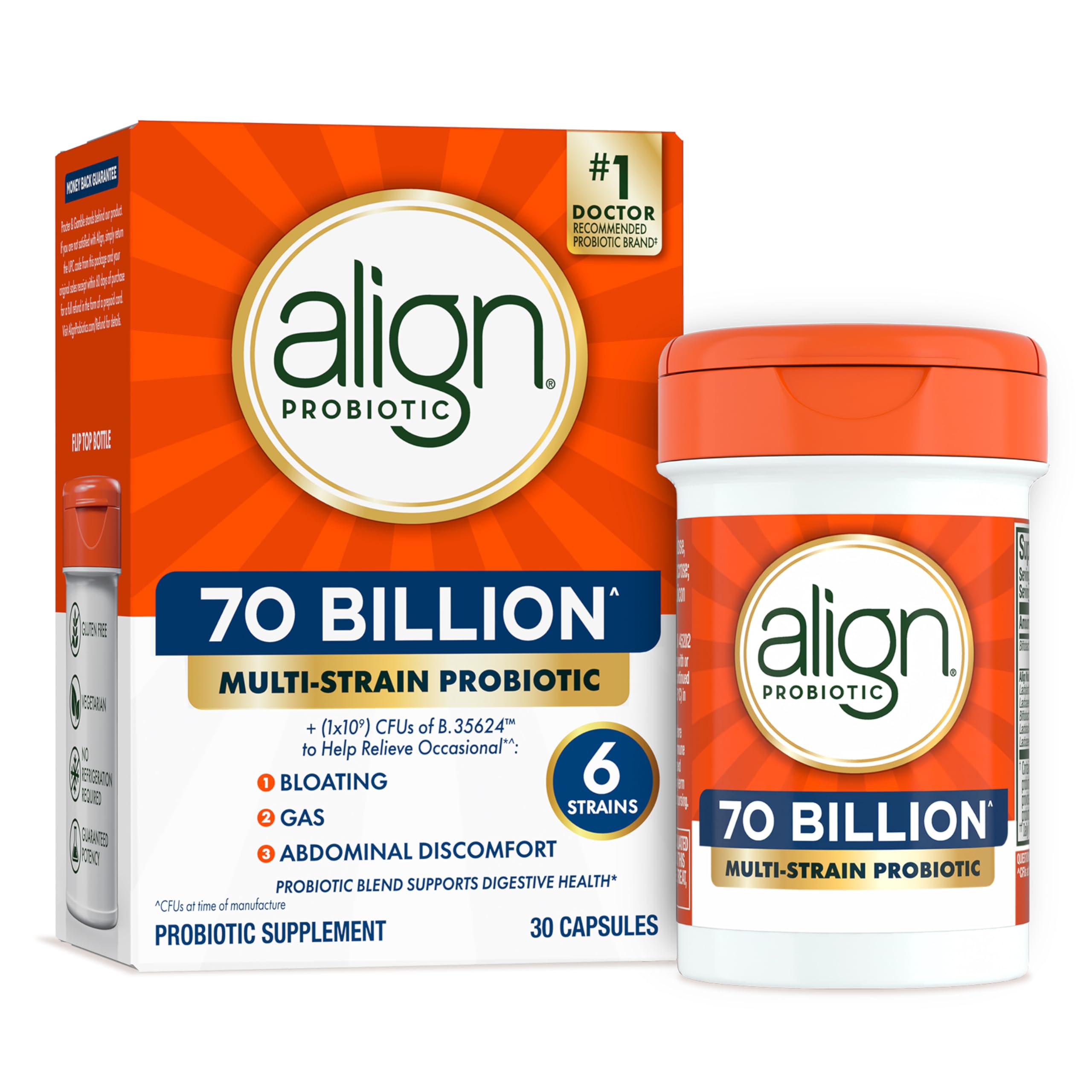 Align Probiotic bottle front highlights 70 Billion CFU for daily digestive support.