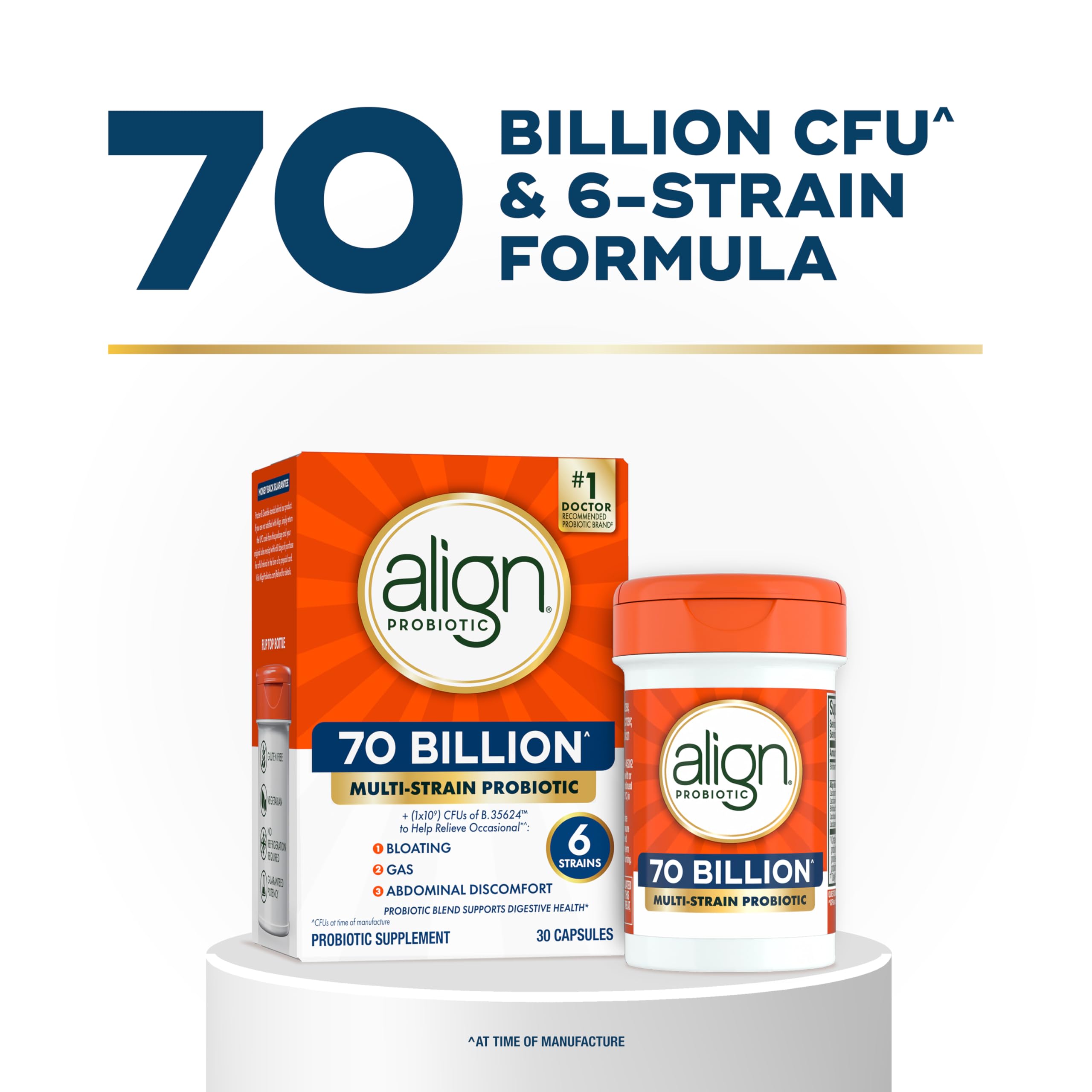 Align Probiotic bottle label displays the six-strain blend and Probiotic 35624TM.