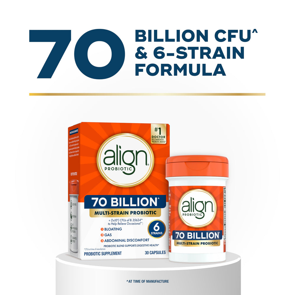 Align Probiotic bottle label displays the six-strain blend and Probiotic 35624TM.