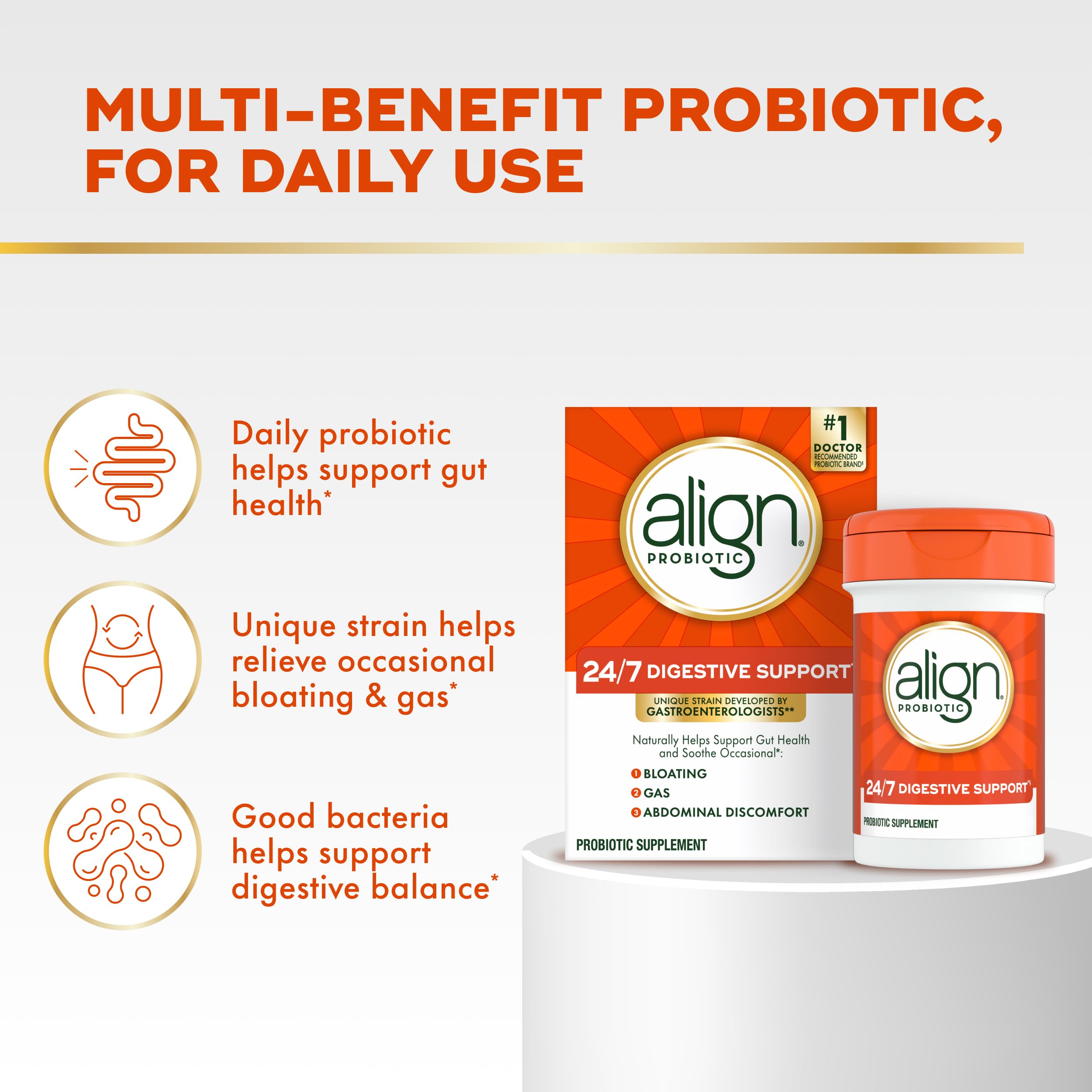 Align Probiotic capsules shown for convenient daily use.