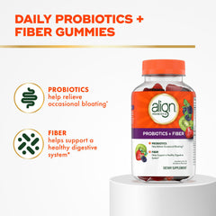 Align Probiotic + Fiber Gummies back label shows contents and directions.